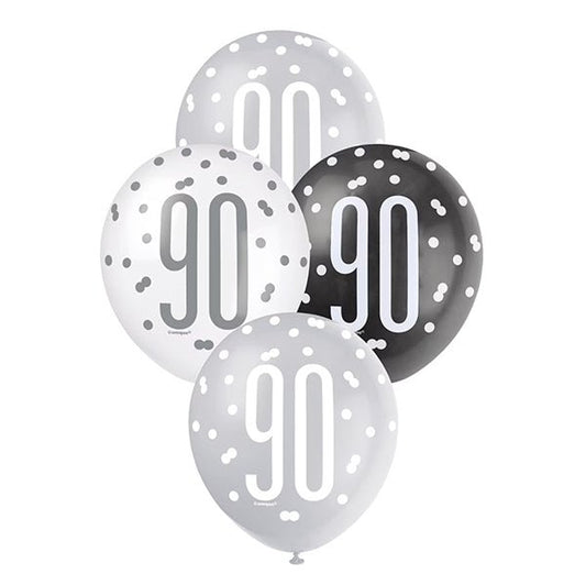 "90" Black, Silver & White Assorted Balloons 30cm (Pack of 6) - The Party Marketplace