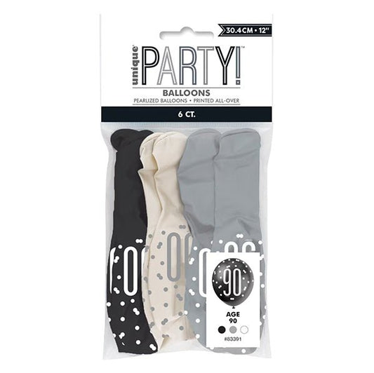 "90" Black, Silver & White Assorted Balloons 30cm (Pack of 6) - The Party Marketplace