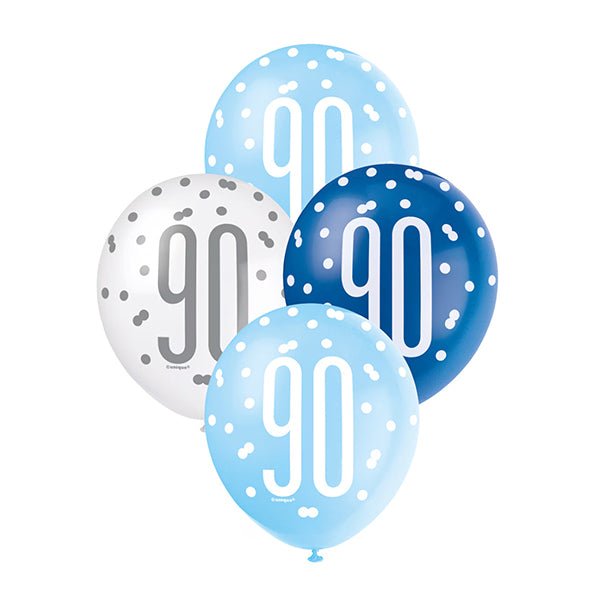 "90" Blue & White Assorted Balloons 30cm (Pack of 6) - The Party Marketplace