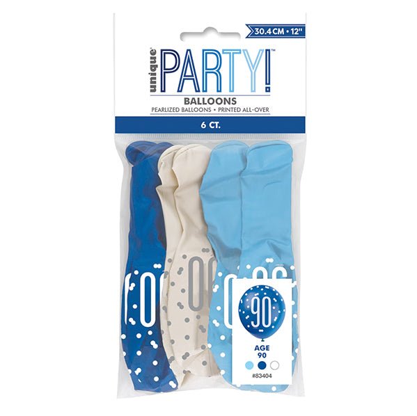 "90" Blue & White Assorted Balloons 30cm (Pack of 6) - The Party Marketplace