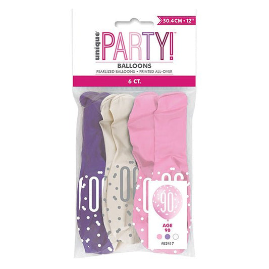 "90" Pink, Purple & White Assorted Balloons 30cm (Pack of 6) - The Party Marketplace