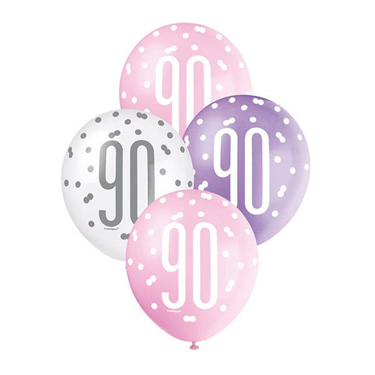 "90" Pink, Purple & White Assorted Balloons 30cm (Pack of 6) - The Party Marketplace