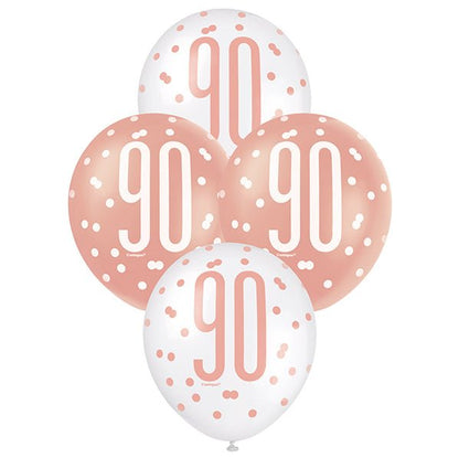 "90" Rose Gold & White Assorted Balloons 30cm (Pack of 6) - The Party Marketplace
