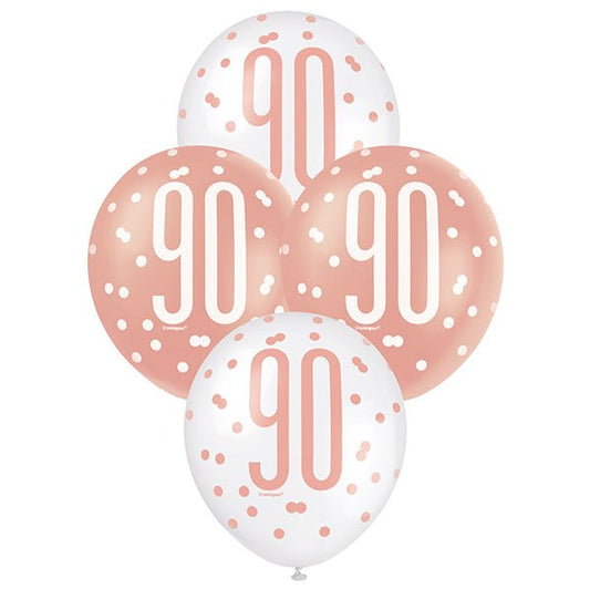 "90" Rose Gold & White Assorted Balloons 30cm (Pack of 6) - The Party Marketplace