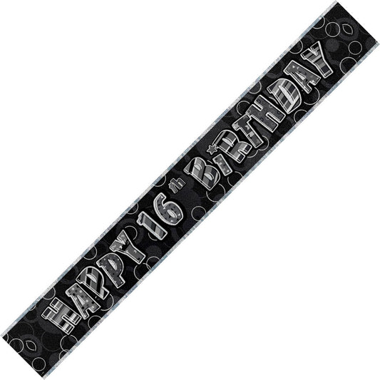 Glitz Black & Silver "Happy 16th Birthday" Foil Banner - 3.65m