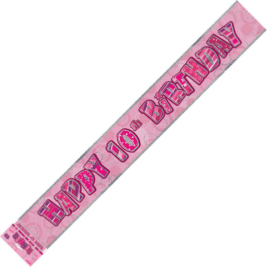 Glitz Pink "Happy 10th Birthday" Prismatic Foil Banner - 3.65m