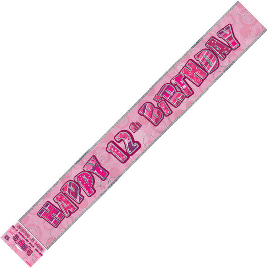 Glitz Pink "Happy 12th Birthday" Prismatic Foil Banner - 3.65m