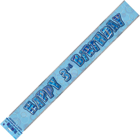 Glitz Blue "Happy 3rd Birthday" Prismatic Foil Banner - 3.65m