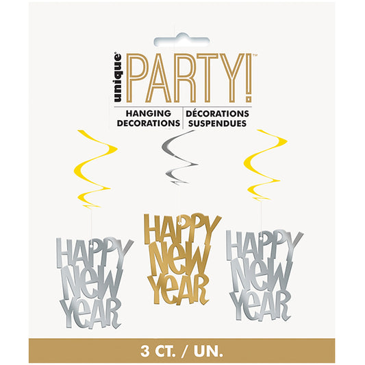 "Happy New Year" Gold & Silver Hanging Swirl Decorations (Pack of 3)