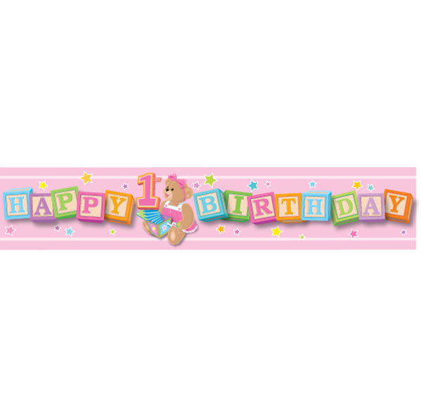 Giant Banner "Happy 1st Birthday" Pink Blocks - 3.17m