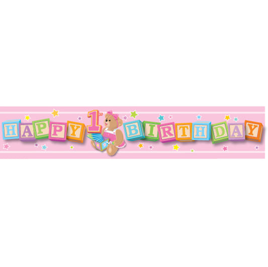 Giant Banner "Happy 1st Birthday" Pink Blocks - 3.17m