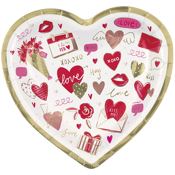 Red & Pink Valentine Foil Stamped Heart Shaped Paper Plates 21cm (Pack of 8)