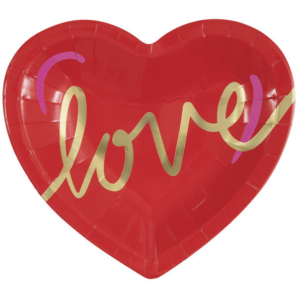 Red & Pink "Love" Foil Stamped Heart Shaped Paper Plates (Pack of 8)