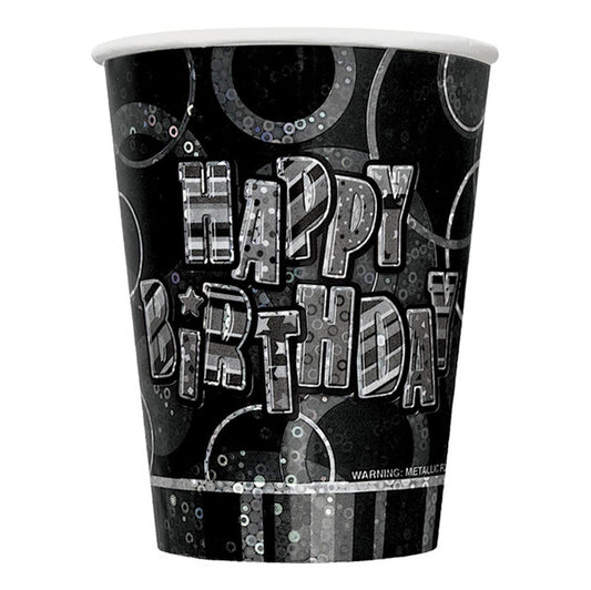 Glitz Black "Happy Birthday" Paper Cups 270ml (Pack of 8)