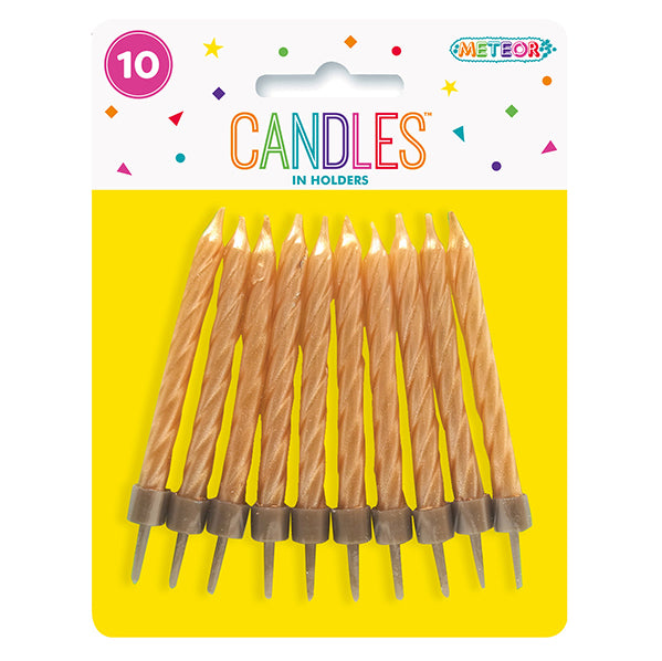 Metallic Gold Candles With Holders (Pack of 10)