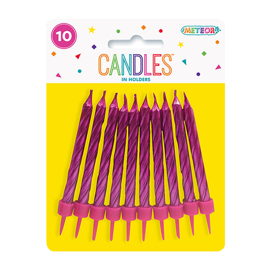 Metallic Hot Pink Candles With Holders (Pack of 10)