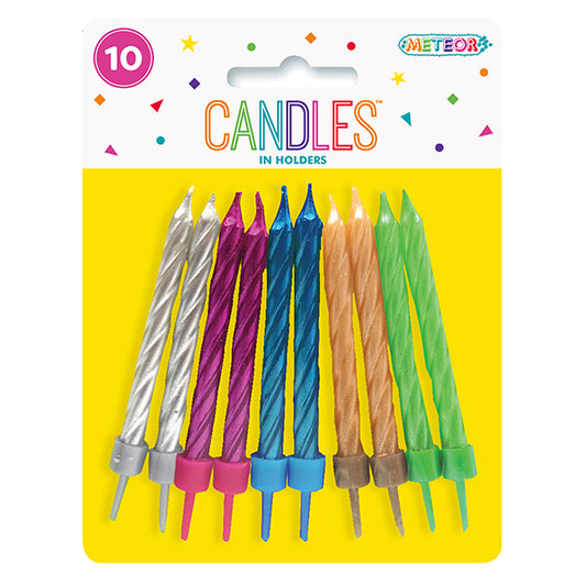 Metallic Assorted Colour Candles With Holders (Pack of 10)