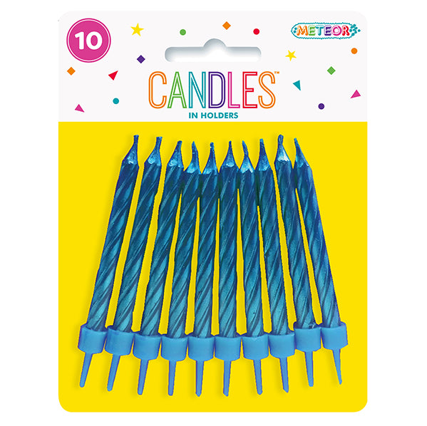 Metallic Blue Candles With Holders (Pack of 10)