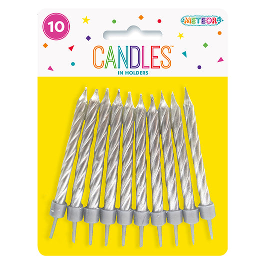 Metallic Silver Candles With Holders (Pack of 10)