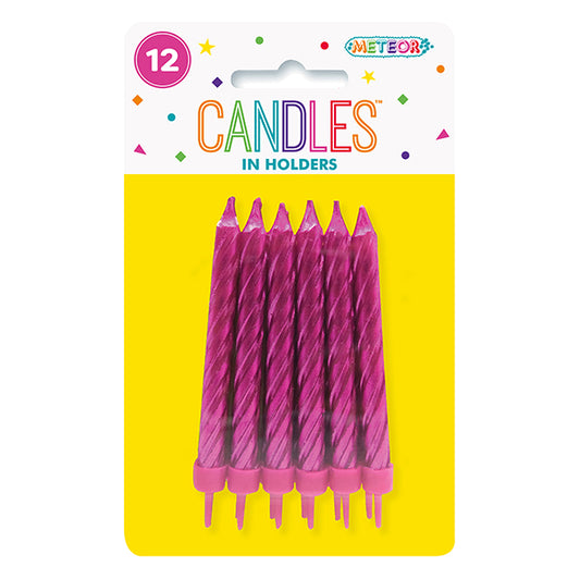 Metallic Hot Pink Candles With Holders (Pack of 12)