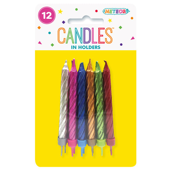 Metallic Assorted Colour Candles With Holders (Pack of 12)