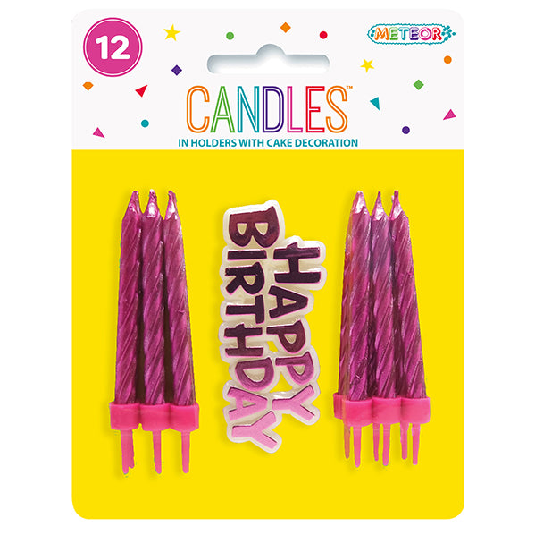 12 Candles & Holders With "Happy Birthday" Decoration - Pink