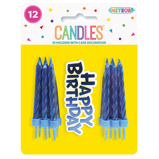 12 Candles & Holders With "Happy Birthday" Decoration - Blue