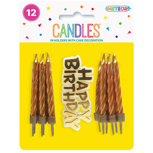 12 Candles & Holders With "Happy Birthday" Decoration - Gold