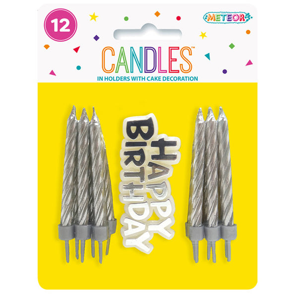 12 Candles & Holders With "Happy Birthday" Decoration - Silver