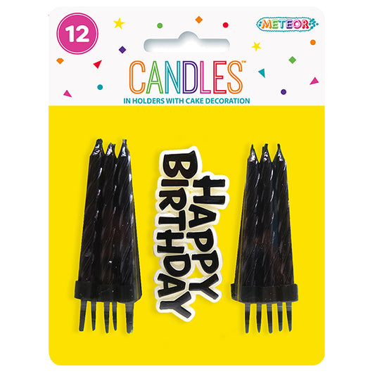 12 Candles & Holders With "Happy Birthday" Decoration - Black