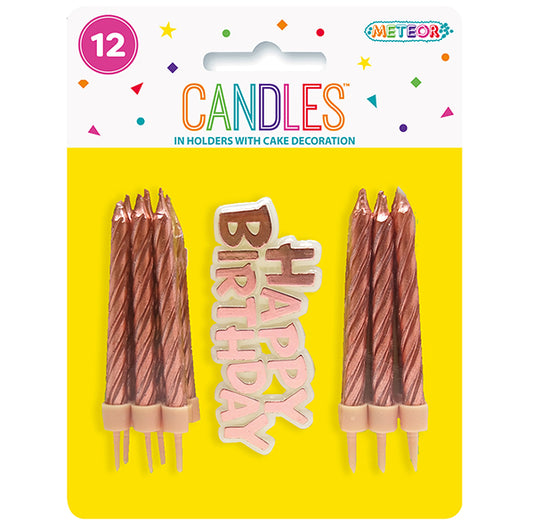 12 Candles & Holders With "Happy Birthday" Decoration - Rose Gold