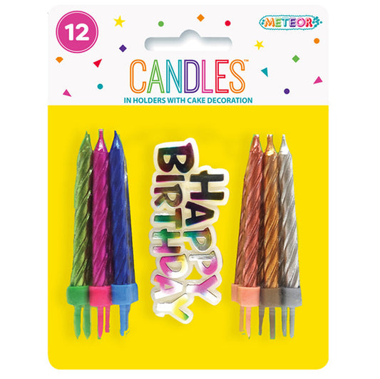 12 Candles & Holders With "Happy Birthday" Decoration - Metallic Assorted