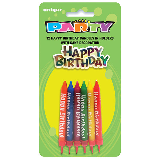 12 "Happy Birthday Candles & Holders With Cake Topper