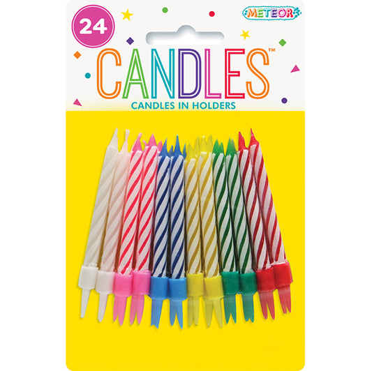 Birthday Candles & Holders - Multicolour (Pack of 24)