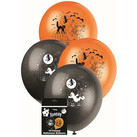 Halloween Printed Orange & Black Balloons 25cm (Pack of 10)