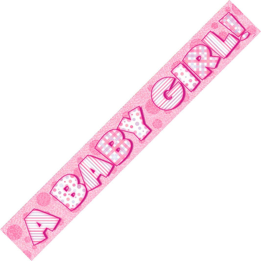 "A Baby Girl" Baby Shower Prismatic Foil Banner (12ft) - The Party Marketplace