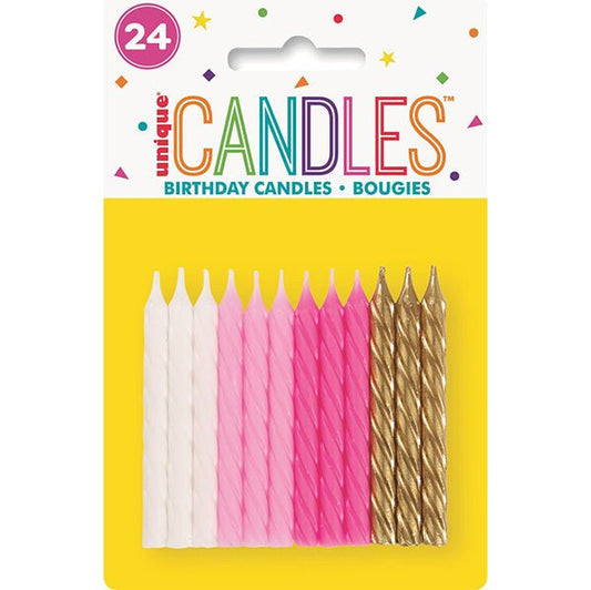 Assorted Pink Spiral Candles (Pack of 24) - The Party Marketplace