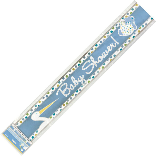 Baby Boy Stork "Baby Shower" Foil Banner - 3.65m - The Party Marketplace