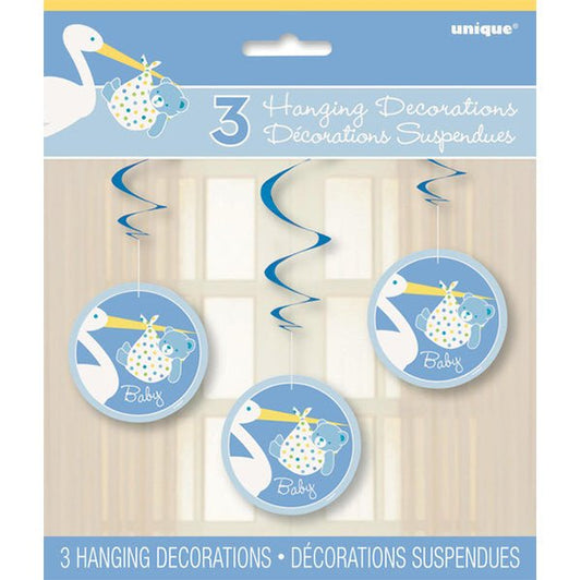 Baby Boy Stork Hanging Swirl Decorations (Pack of 3) - The Party Marketplace