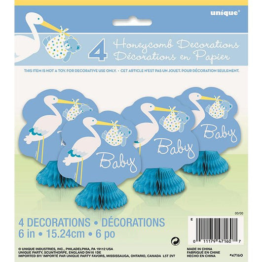 Baby Boy Stork Mini Honeycomb Decorations (Pack of 4) - The Party Marketplace