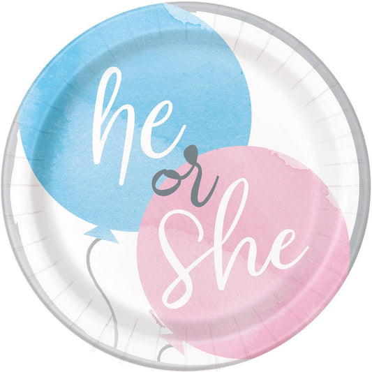 Baby Gender Reveal "He Or She" Paper Plates 18cm (Pack of 8) - The Party Marketplace