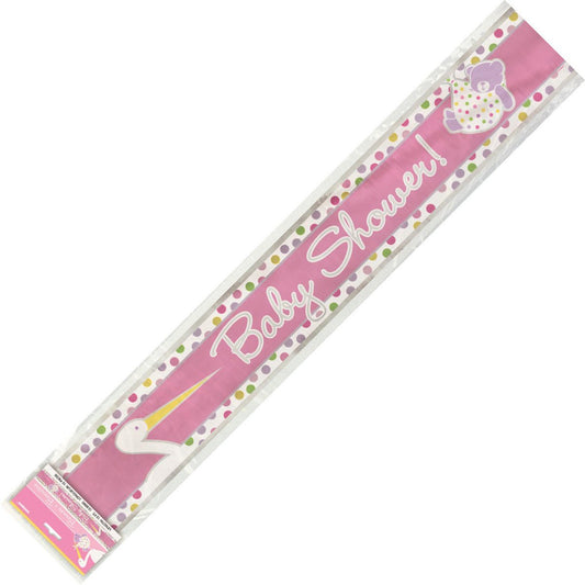 Baby Girl Stork "Baby Shower" Foil Banner - 3.65m - The Party Marketplace