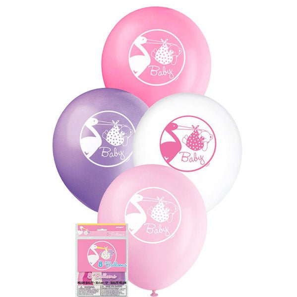 Baby Girl Stork Balloons 30cm (Pack of 8) - The Party Marketplace