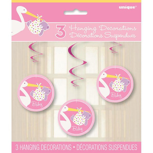 Baby Girl Stork Hanging Swirl Decorations (Pack of 3) - The Party Marketplace