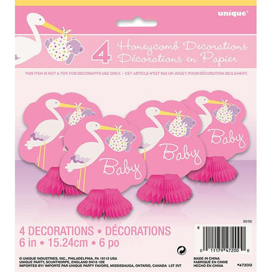 Baby Girl Stork Mini Honeycomb Decorations (Pack of 4) - The Party Marketplace