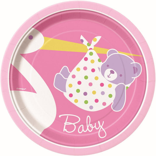 Baby Girl Stork Paper Plates 18cm (Pack of 8) - The Party Marketplace