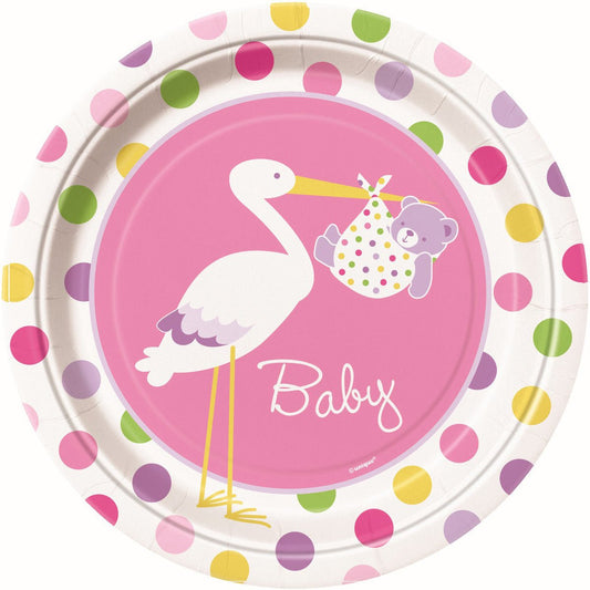 Baby Girl Stork Paper Plates 23cm (Pack of 8) - The Party Marketplace