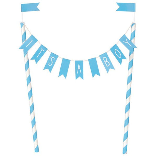 Baby Shower Hearts "It's A Boy" Blue Bunting Cake Topper (21cm) - The Party Marketplace