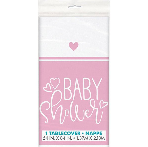 "Baby Shower" Pink Hearts Printed Tablecover 137cm x 213cm - The Party Marketplace