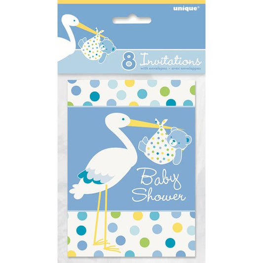 Baby Shower Stork Blue Invitations (Pack of 8) - The Party Marketplace